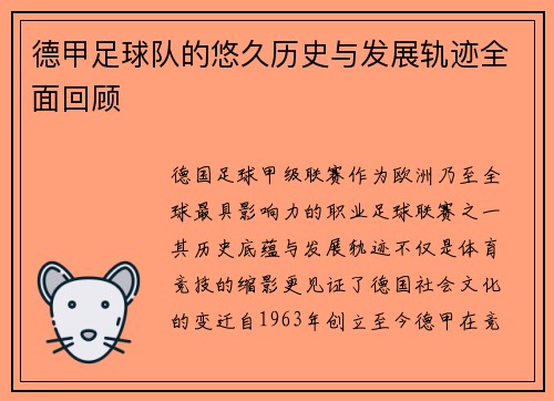 德甲足球队的悠久历史与发展轨迹全面回顾